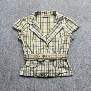 Y2k K-mode Shirt Size M?? Yellow Green Plaid Belted Cap Sleeve Button Up Preppy